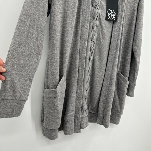 NWT CHASER Gray Super Soft Lace Up Back Hooded Cardigan Sweater Size Medium - Picture 5 of 7